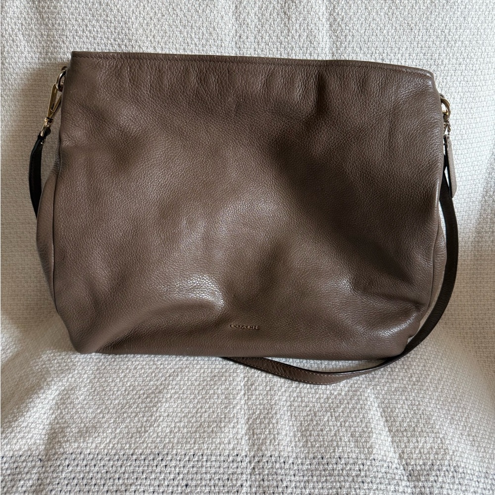 COPY - Coach tan leather shoulder/crossbody bag. Navy blue satin interior.